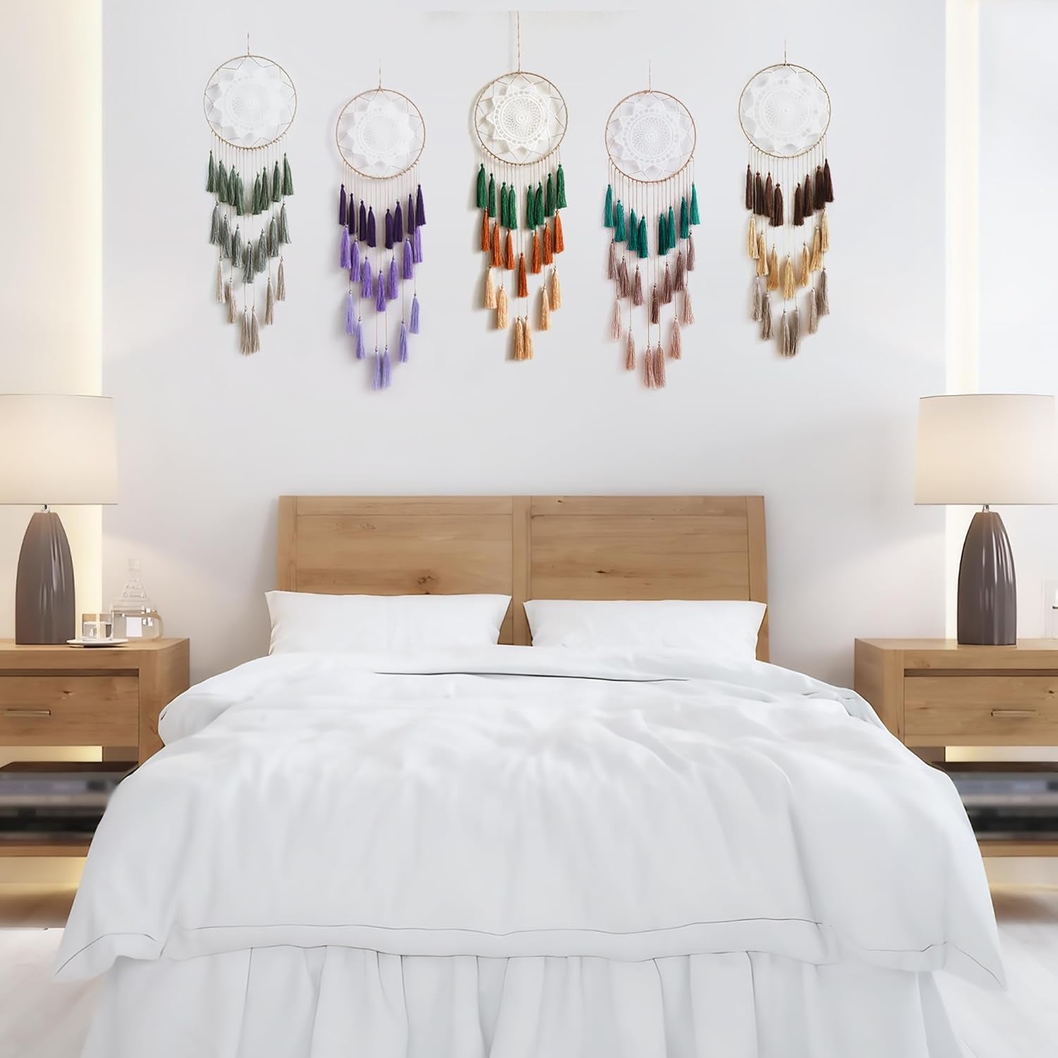 Handmade Macrame Dream Catchers for Bedroom - Boho Tassel Wall Hanging Decor with Feather Ornaments - Perfect Blessing Gift (Mix Brown)