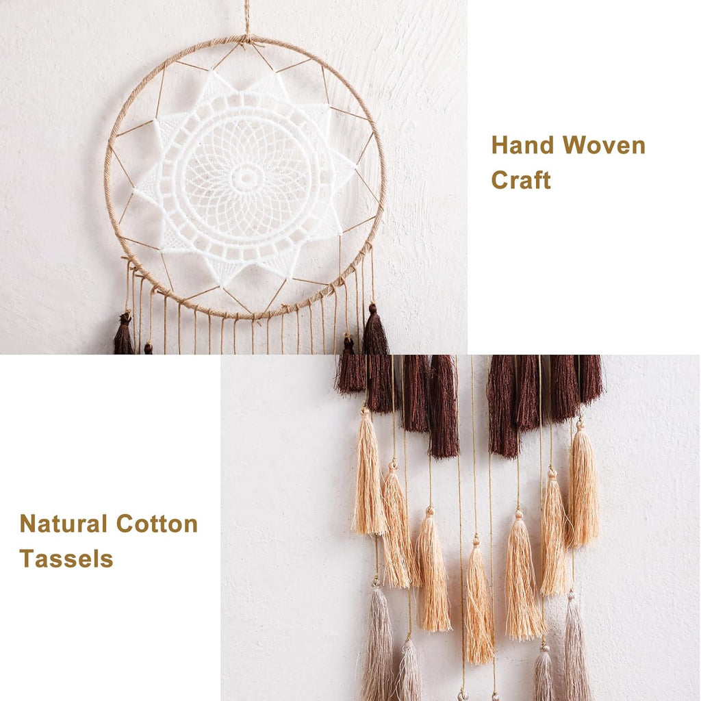Handmade Macrame Dream Catchers for Bedroom - Boho Tassel Wall Hanging Decor with Feather Ornaments - Perfect Blessing Gift (Mix Brown)
