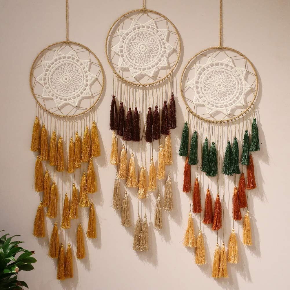 Handmade Macrame Dream Catchers for Bedroom - Boho Tassel Wall Hanging Decor with Feather Ornaments - Perfect Blessing Gift (Mix Brown)