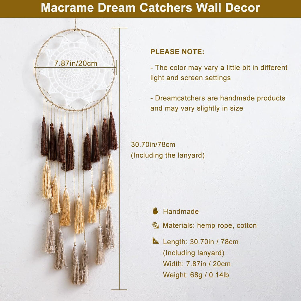 Handmade Macrame Dream Catchers for Bedroom - Boho Tassel Wall Hanging Decor with Feather Ornaments - Perfect Blessing Gift (Mix Brown)