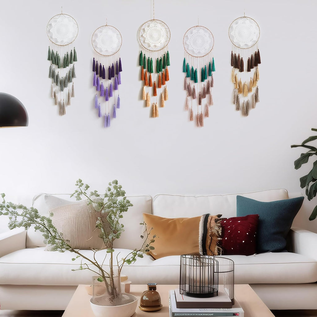 Handmade Macrame Dream Catchers for Bedroom - Boho Tassel Wall Hanging Decor with Feather Ornaments - Perfect Blessing Gift (Mix Brown)